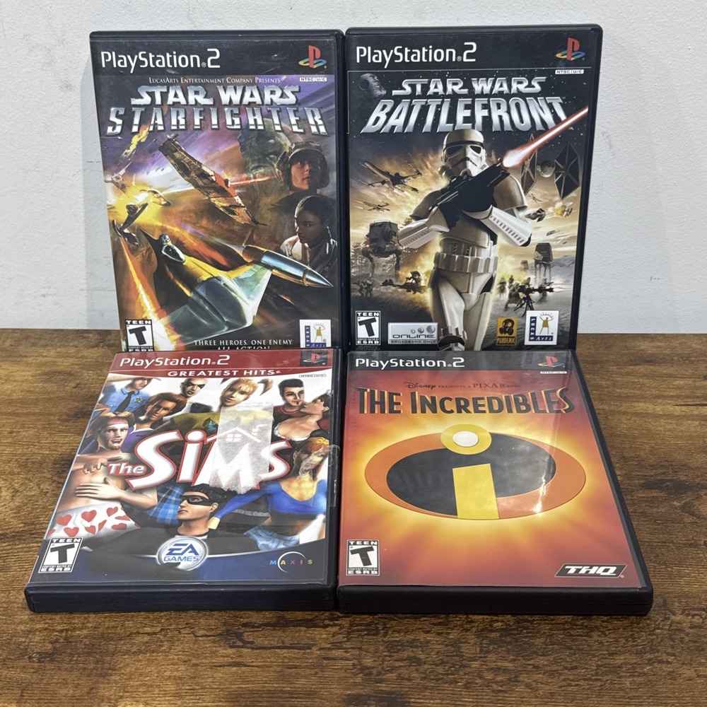 Lot Of 4 PS2 Games Star Wars Starfighter, Battlefront, The Sims, The Incredibles